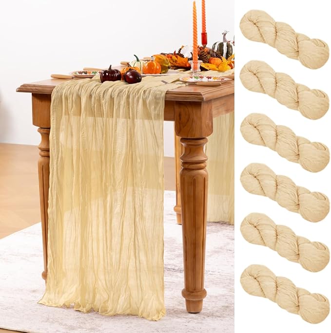 Champagne Gold Cheesecloth Table Runner 6 Pack Christmas Table Runners Boho Gauze 120 Inches Champagne Cheese Cloth Table Decor for Xmas Holiday Season Parties Wedding Bridal Baby Shower