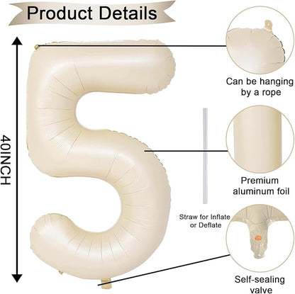 Beige Balloon Number 5, 40 Inch Large Self Inflating Foil Mylar Number Balloons 0-9 for Boys Women, Cream White Digital 5 Helium Balloon for Girls Men 5th Birthday Decorations Anniversary 2025 Party