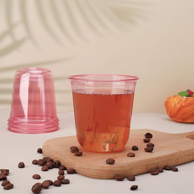 50pcs 12oz Disposable Stemless Glasses,PET Disposable Drinking Cups,Cold Party Clear Plastic Wine Glasses for Parties Birthday,Wedding,Meeting,Christmas Party Supplies. (Pink)