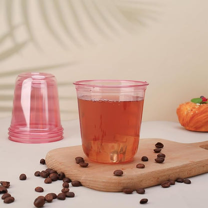 50pcs 12oz Disposable Stemless Glasses,PET Disposable Drinking Cups,Cold Party Clear Plastic Wine Glasses for Parties Birthday,Wedding,Meeting,Christmas Party Supplies. (Pink)