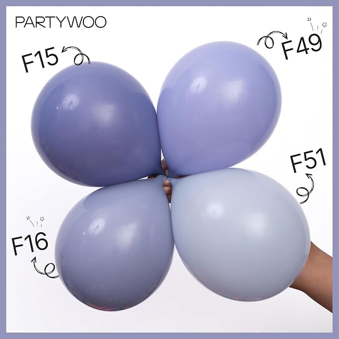PartyWoo Dusty Blue Balloons 101pcs 12 Inch Boho Dusty Purple Muted Lavender Latex Balloons for Boy Baby Shower Anniversary Bachelorette Graduation Engagement Birthday Party Decorations Blue-F16