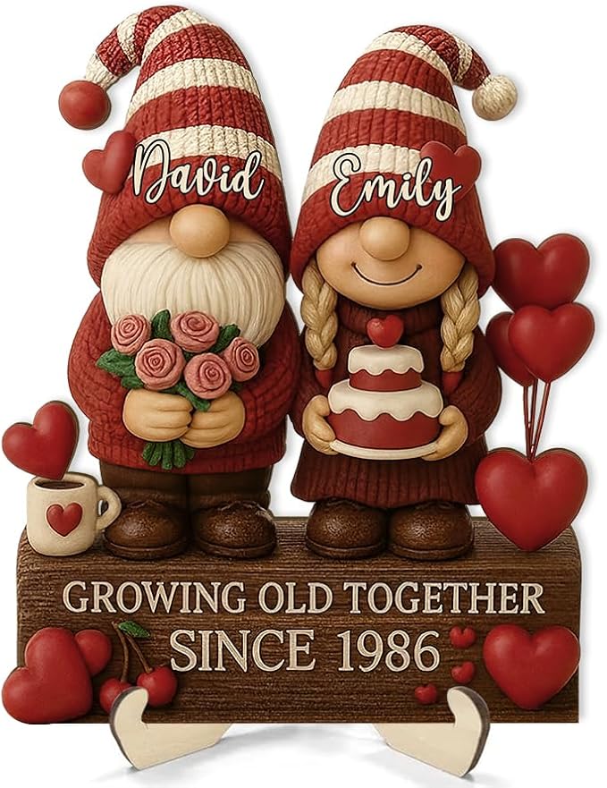 Growing Old Together Gnomes Wooden Sign, Valentine Gifts for Him Her Wife Husband, Custom Wood Plaque Anniversary Cute Couples Gift, Christmas Gift For Parents, Grandparents Decorations Sign 36