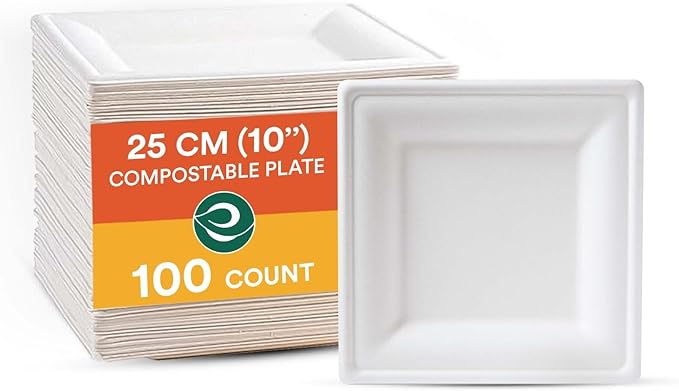 ECO SOUL 100% Compostable Square Paper Plates 10 Inch [100-Pack] Biodegradable Heavy Duty Eco-Friendly Disposable Plates for Thanksgiving Dinner, Parties, Wedding & Event(White)