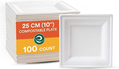 ECO SOUL 100% Compostable Square Paper Plates 10 Inch [100-Pack] Biodegradable Heavy Duty Eco-Friendly Disposable Plates for Thanksgiving Dinner, Parties, Wedding & Event(White)