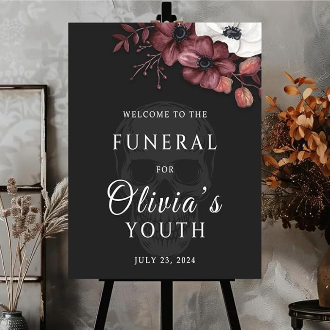 Funeral For My Youth 30th Birthday Party Welcome Sign, Personalized Welcome Board R.I.P Twenties Custom Decor, Gothic Skulls Farewell to Youth.