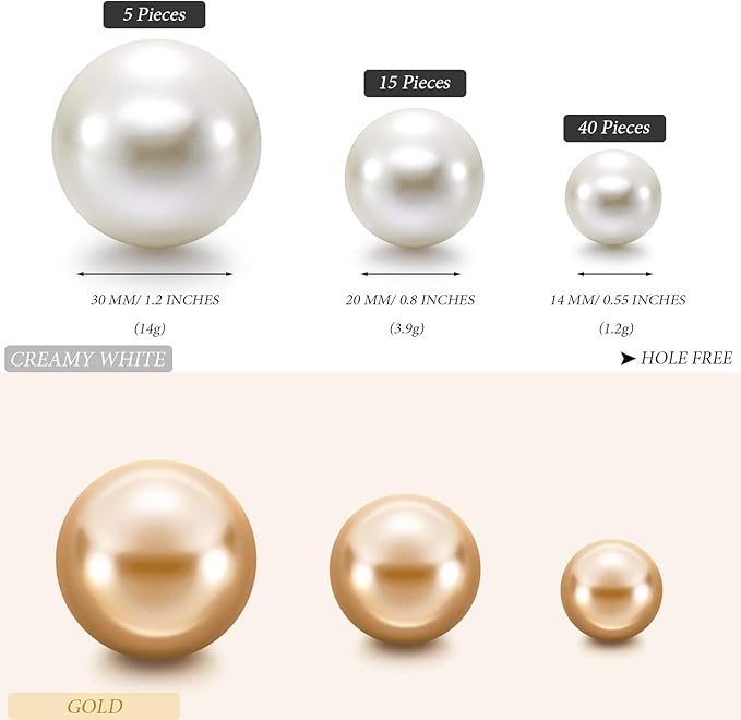 Hicarer 120 Pieces Pearl for Vase Filler Pearl Bead Vase Centerpieces Brush Holder Assorted Round Faux Bead for Crafting, Home Wedding Table Decor 14/20/30 mm(Creamy White, Gold)
