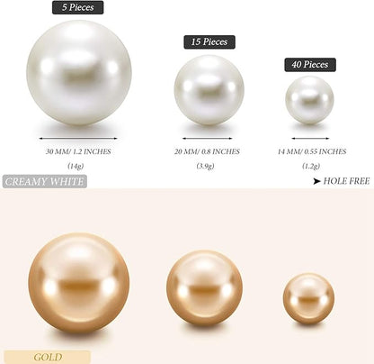 Hicarer 120 Pieces Pearl for Vase Filler Pearl Bead Vase Centerpieces Brush Holder Assorted Round Faux Bead for Crafting, Home Wedding Table Decor 14/20/30 mm(Creamy White, Gold)