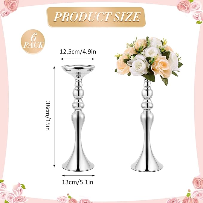 Sabary 6 Pcs Wedding Flower Stand Metal Flower Centerpieces Stand for Table Vase Arrangement Rack for Wedding Reception Dinner Table Party Decor(15 In,Silver)