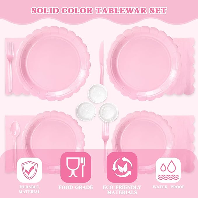 Vyntra 350 PCS Disposable Plates for Party, Paper Plates & Napkins Set with Cups, Knives, Forks, Spoons, 7'' Dessert and 9'' Dinner Plates for Baby Girl Shower, Birthday, Valentine’s Day - Light Pink