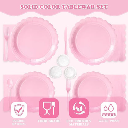 Vyntra 350 PCS Disposable Plates for Party, Paper Plates & Napkins Set with Cups, Knives, Forks, Spoons, 7'' Dessert and 9'' Dinner Plates for Baby Girl Shower, Birthday, Valentine’s Day - Light Pink