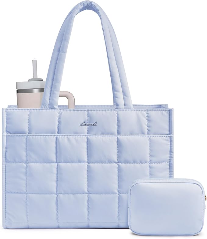 LOVEVOOK Tote Bag for Women, Puffer Work Handbag 15.6 Inch Laptop Purse for Nurse Teacher, Large Quilted Travel Tote Shoulder Bag with Zipper for College Office Clinical Gym, Sky Blue