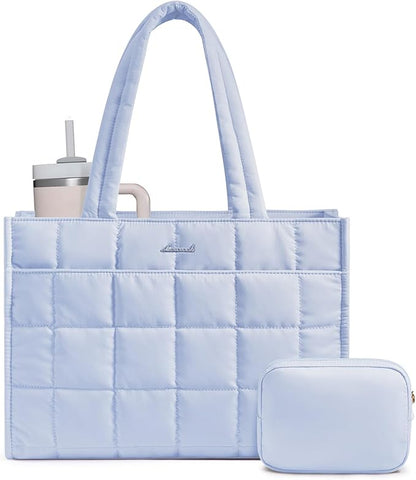 LOVEVOOK Tote Bag for Women, Puffer Work Handbag 15.6 Inch Laptop Purse for Nurse Teacher, Large Quilted Travel Tote Shoulder Bag with Zipper for College Office Clinical Gym, Sky Blue