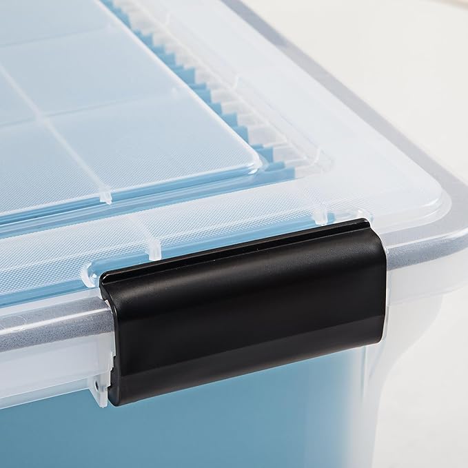 IRIS USA File Box WeatherPro File Organizer Plastic File Box for Letter/Legal File, Water Resistant Document Box, Durable Lid, Seal w/Secure Latching Buckles, Stackable, Nestable, Clear 32 Qt. 4Pack