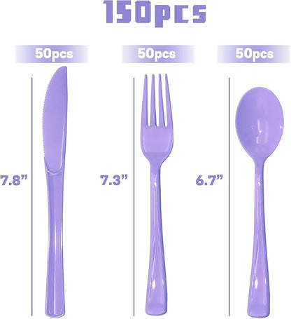 150 Pcs Purple Plastic Silverware, Purple Utensils, Silverware Set Includes 50 Plastic Forks, 50 Spoons, 50 Knives Disposable for Birthday, Celebration, Baby Shower