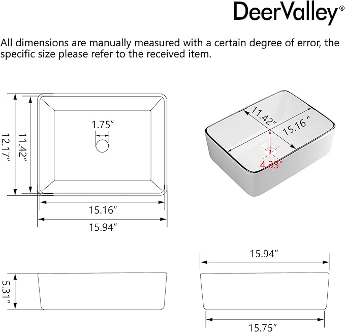 DeerValley Liberty 16x12 Inch Rectangular Vessel Sink, White Ceramic Bathroom Sink with Black Striped Border, Above Counter Basin, DV-1V0317
