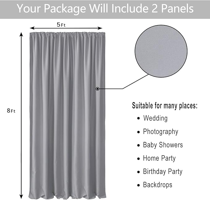 Hiasan Silver Grey Backdrop Curtains for Parties, Polyester Photography Backdrop Drapes for Family Gatherings, Wedding Decorations, 5ftx78ft, Set of 2 Panels