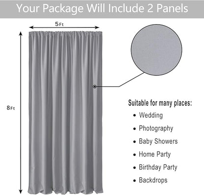 Hiasan Silver Grey Backdrop Curtains for Parties, Polyester Photography Backdrop Drapes for Family Gatherings, Wedding Decorations, 5ftx78ft, Set of 2 Panels