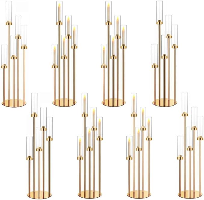 35in 8 Set Gold Candelabra Candle Centerpieces for Tables Candlesticks Holder Wedding Centerpieces Table Decorations Acrylic lampshade Fit 0.9" LED Candle