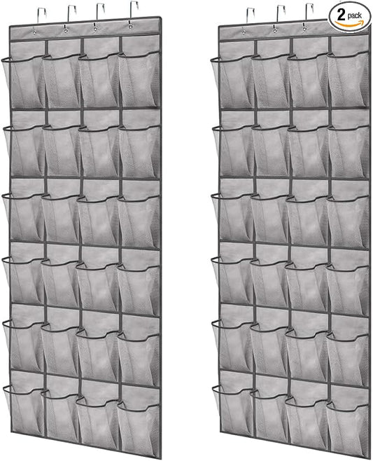 GORILLA GRIP Over the Door Shoe Organizer, 2 Pack, 24 Breathable Mesh Pockets, Space Saving Hanging Storage Holder, Closet Rack Hanger Holds Up to 40 lbs, Hangs on Closets, Shoes, Accessories, Grey