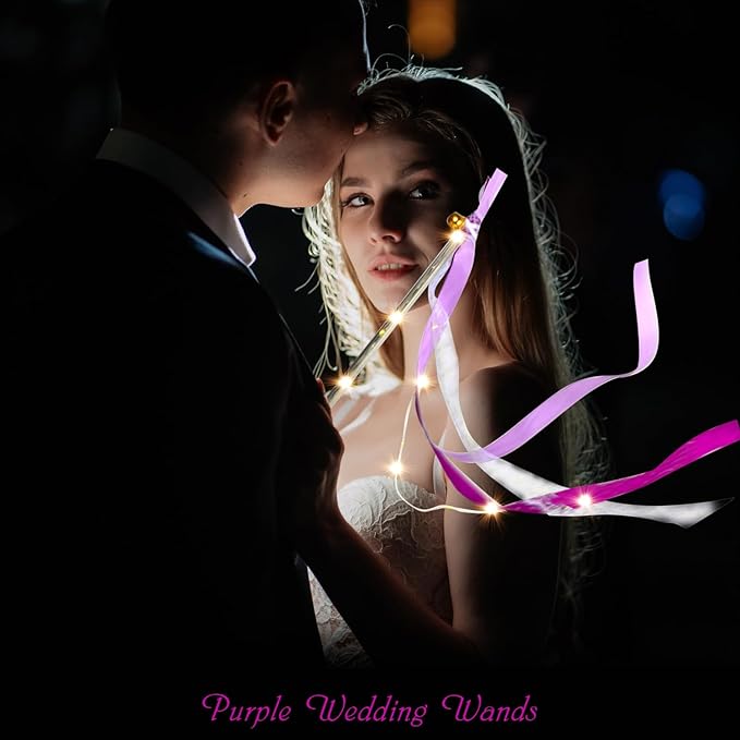 60Pack Light Up Wands,Wedding Wands with 3 Colorful Flashing Modes,LED Silk Fairy Wands with Bells,Glow Ribbon Streamers for Wedding,Mardi Gras,Mother's Day,July 4th,Birthday(Purple)