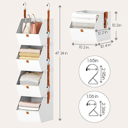 Hanging Closet Organizer 4 Tier - Clothes Hanging Shelves, Space-Saving Closet System, Fabric Storage Bins Bedroom Organization, Collapsible Baskets for Home, Dorm, Rv, White, 8 Pack