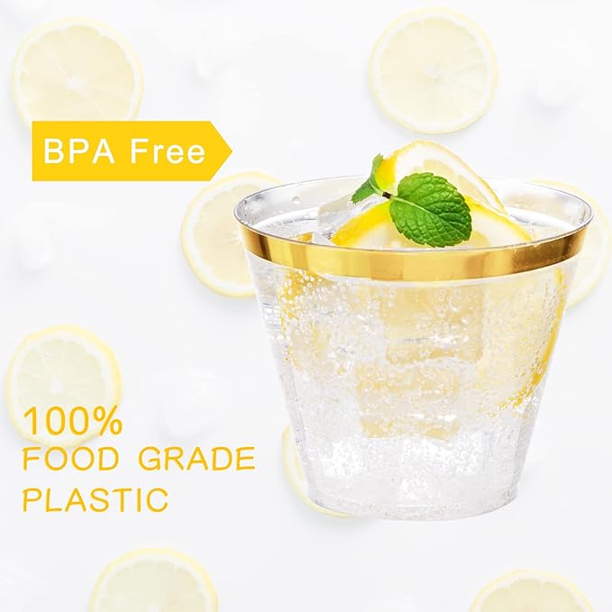 Ciaell 200PCS Gold Plastic Cups - 9Oz Heavy Duty Disposable Clear Plastic Cups with Gold Rim for Wine, Cocktail, Party & Wedding & Thanksgiving