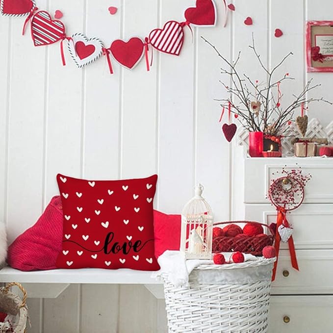 GEEORY Valentines Day Pillow Covers 18x18 Set of 4 Love Heart Valentines Day Decor Throw Pillows Decorative Cushion Cases for Sofa Couch Valentine Decorations