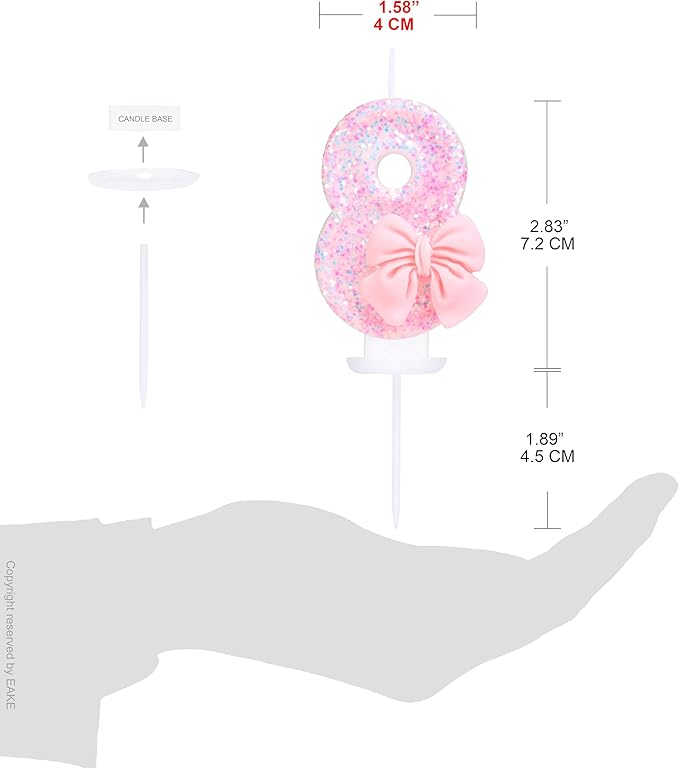 8 Birthday Candle Pink Sequins and Bowtie Number 8 Candle Birthday Girl Pastel Sweet Theme 8th Birthday Party or Adults Milestone Age Decoration