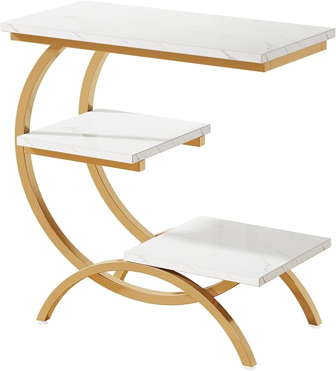 Tribesigns C-Shaped End Table, Industrial 3-Tier Small Side Table for Couch, Wood Bedside Table Snack Side Table with Storage Shelves for Living Room Small Space, White Gold