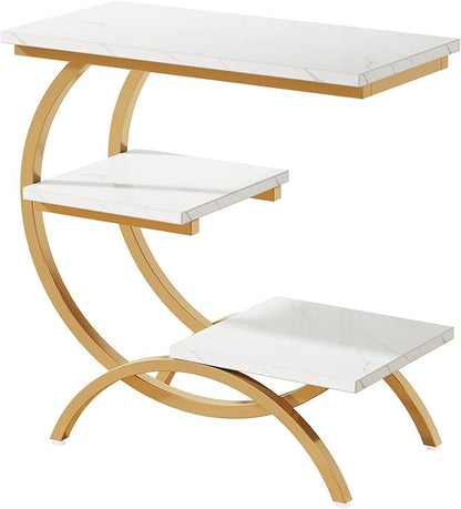 Tribesigns C-Shaped End Table, Industrial 3-Tier Small Side Table for Couch, Wood Bedside Table Snack Side Table with Storage Shelves for Living Room Small Space, White Gold