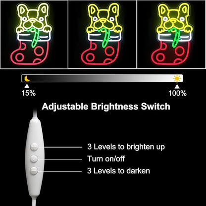 Christmas Stocking Dog Neon Sign Dimmable French Bulldog Neon Light Candy Cane LED Sign for Wall Cute Animal Neon Lights Signs for Bedroom Restaurant Pet Shop Party Christmas Decor