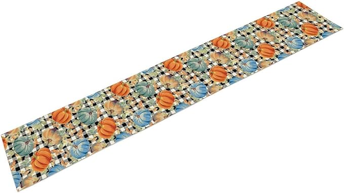 Fall Pumpkin Table Runner Black White Plaid Maple Leaves Watercolor Illustration Rustic Thanksgiving Home Decor for Farmhouse Indoor Outdoor Party Holiday Dining Kitchen Restaurant Cafe W13xL72in