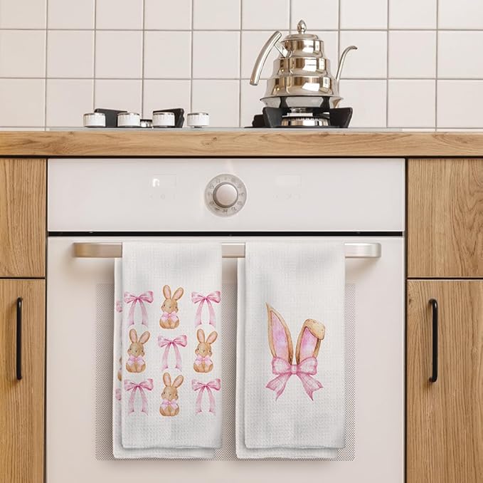 Coquette Pink Bow Easter Bunny Kitchen Towels Set of 2, CuteEaster Hand Towels, Easter Bunny Ears Dish Towels Dishcloths Tea Towels for Kitchen, EasterKitchen Bathroom Decor, 16x24 Inch