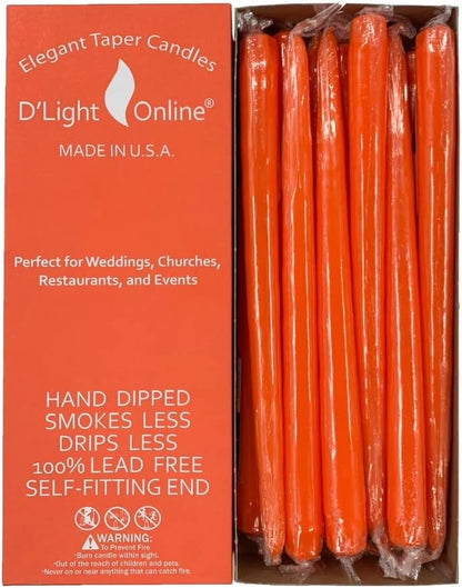 D'light Online Elegant Unscented 12" Orange Taper Candles Premium Quality Hand-Dipped Tapered Candles, Dripless and Smokeless - Set of 12 Individually Wrapped (12 Inch, Orange)