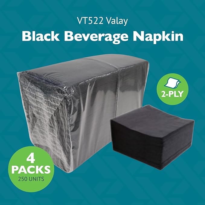 Morcon Valay Beverage Napkins, 2-Ply Paper Napkins for Food and Drink Service, Perfectly Sized Commercial Black Napkins | 4 Packs of 250 Napkins, 1000 Pcs Total