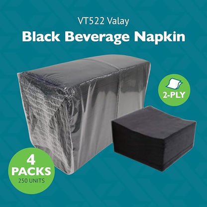 Morcon Valay Beverage Napkins, 2-Ply Paper Napkins for Food and Drink Service, Perfectly Sized Commercial Black Napkins | 4 Packs of 250 Napkins, 1000 Pcs Total