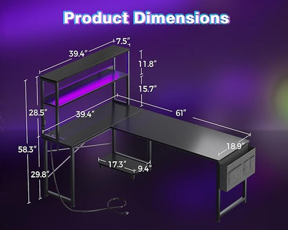 AODK L Shaped Desk Gaming Desk with LED Light & Power Outlet, 61 Inch Reversible L Shaped Computer Table with Shelf & Storage Bag & Hook for Home Office, Black