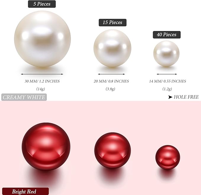Hicarer 120 Pieces Pearl for Vase Filler Pearl Bead Vase Centerpieces Brush Holder Assorted Round Faux Bead for Crafting, Home Wedding Table Decor 14/20/30 mm (Creamy White, Bright Red)