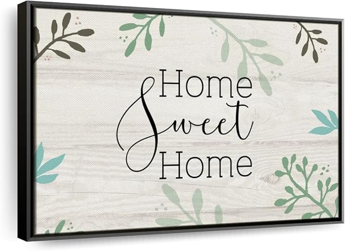 Elephant Stock Home Sweet Home Foliage Wall Art - Horizontal Floating Framed Canvas - 1-Piece Living Room Wall Decor - Leaf Digital Art Canvas Print - Beige and Black Decor for Wall by Susan Jill - 19" X 13"
