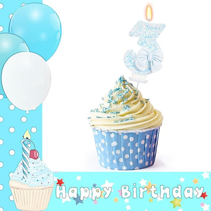 Birthday Candle for Cake, Blue Bow Number Candles, 2.76 inch Number, Cake Topper Decoration for Birthday Party (Number 3)