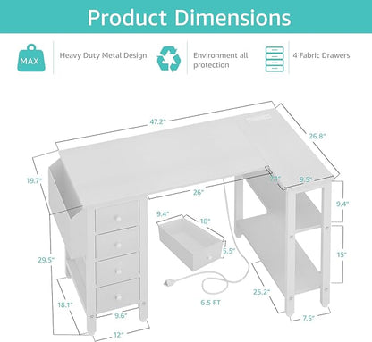 Lufeiya White L Shaped Computer Desk with Drawers & Storage Shelves, 47 Inch Corner Reversible Desk with Power Outlet for Home Office Bedroom, L-Shaped Teen PC Desks with Fabric Drawer, White