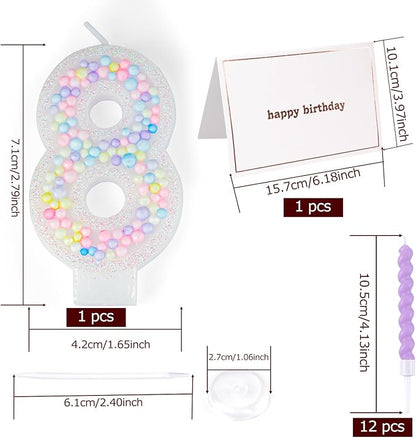 Number Birthday Candle with 12PCS Spiral Candles and A Birthday Card - Perfect for Celebrating Birthdays (Macaron Glitter, Number 8)