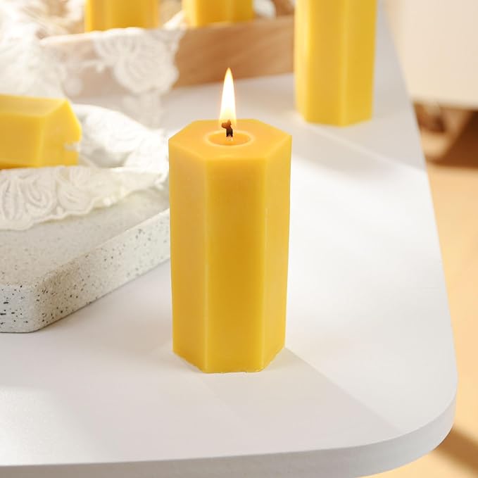 6PCS Hexagon Beeswax Pillar Candles,Large Handmade Pure Beeswax Candle,Unscented Smokeless，2 * 4",18H, Raw