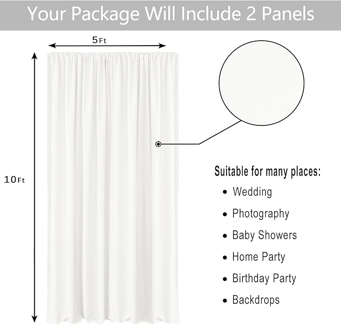 Hiasan Ivory Backdrop Curtains for Parties, Polyester Photography Backdrop Drapes for Family Gatherings, Wedding Decorations, 5ftx10ft, Set of 2 Panels