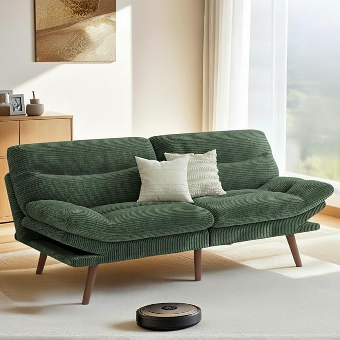 Pipishell Futon Sofa Bed, 75 Inch Corduroy Futon Couch Convertible with Adjustable Backrest and Armrests, Recliner Sleeper Sofa for Small Spaces, Living Room, Office, Guest Room (Green, 75 Inch)