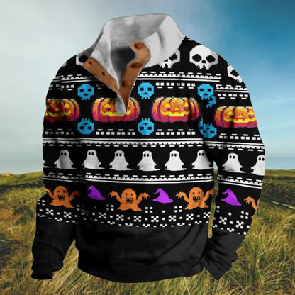 Mens Western Halloween Hoodie Button Up Henley Shirt Cowboys Sweatshirt Men Graphic Long Sleeve Pullover Tops