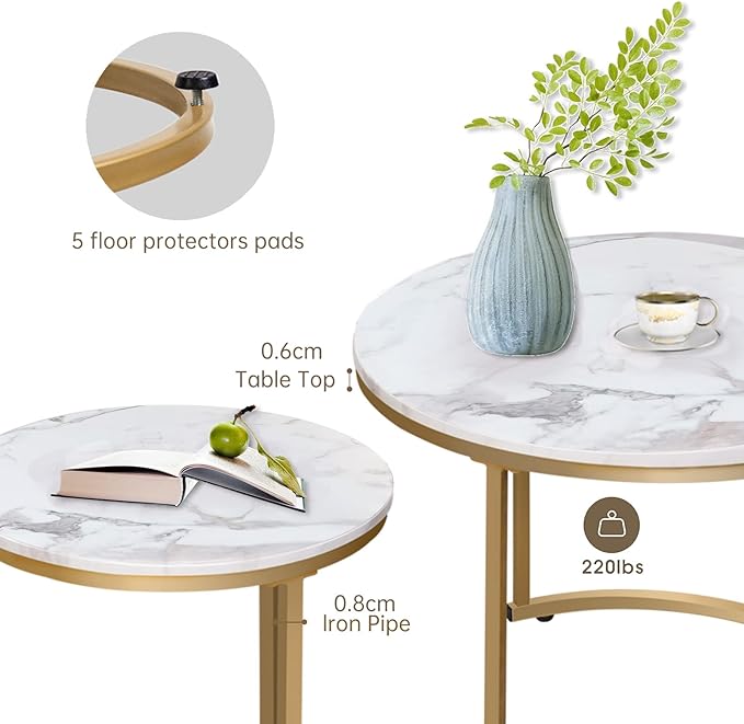 aboxoo Coffee Table Nesting White Set of 2 Side Set Golden Frame Circular Round and Marble Pattern Wooden Tables, Living Room Bedroom Apartment Modern Industrial Simple Nightstand