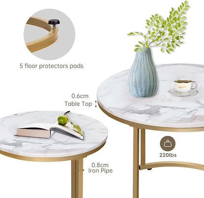 aboxoo Coffee Table Nesting White Set of 2 Side Set Golden Frame Circular Round and Marble Pattern Wooden Tables, Living Room Bedroom Apartment Modern Industrial Simple Nightstand