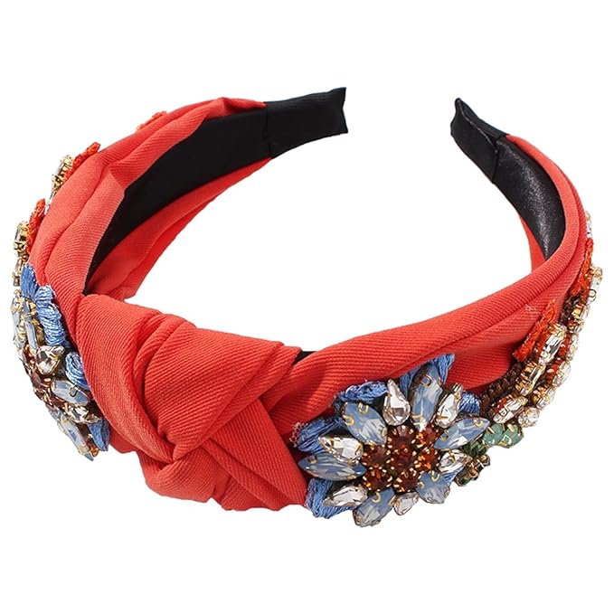 Yusier Baroque Rhinestone Crystal Embroidered Headbands for Women - Exquisite Hair Accessories with Hair Hoop in Variety of Colors (Orange)