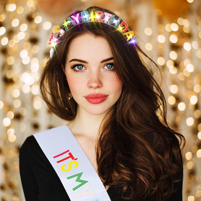Its My Birthday Headband and Sash Light Up Crown Led Birthday Accessories Sets for Women